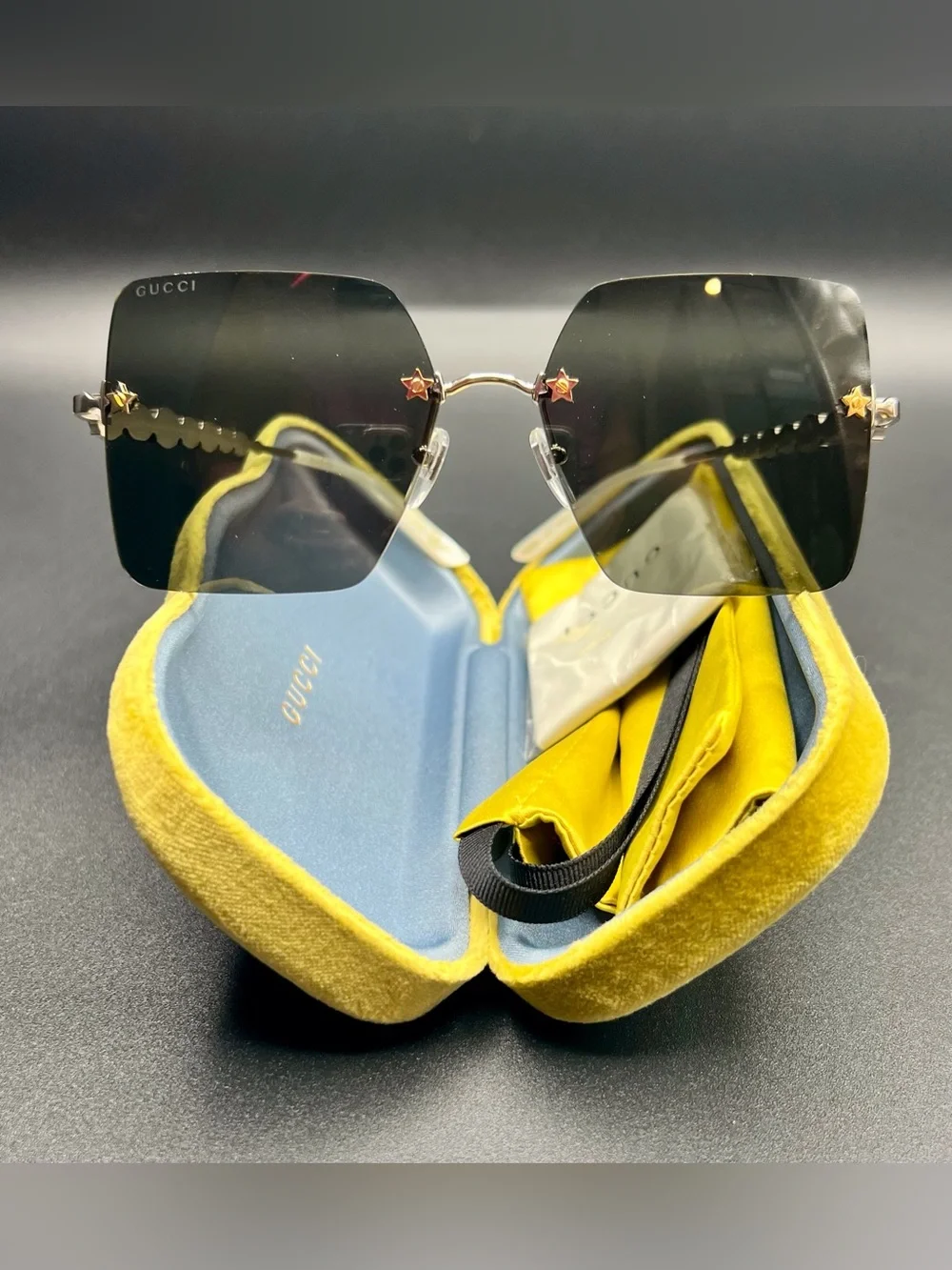 Gucci Square Sunglasses with Star Stud and Rhinestone Details with Case